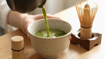 Close-up of Person Preparing Matcha Green Tea in Traditional Japanese Bowl with Chasen Whisk