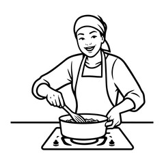 Black and White Vector Illustration of a Smiling Woman Cooking in Kitchen with Apron and Headband
