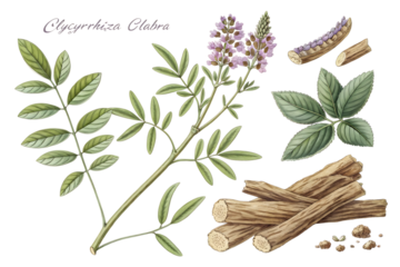 Botanical illustration of glycyrrhiza glabra plant with leaves flowers and roots isolated on transparent background