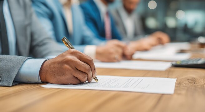 A man in a suit signs a document at a light wooden table in a bright room, surrounded by other people, suggesting a formal business setting