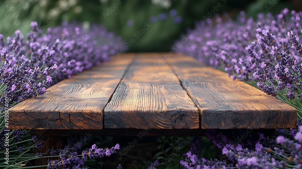 Poster a rustic wooden table sits between rows of blooming lavender in a serene garden setting offering amp