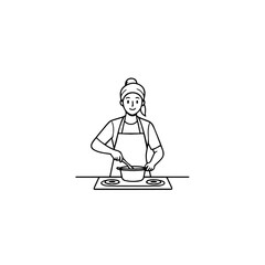 Black and White Vector Illustration of a Smiling Woman Cooking in Kitchen with Apron and Headband

