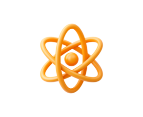 Orange atomic structure symbol with orbiting electrons on transparent background, PNG