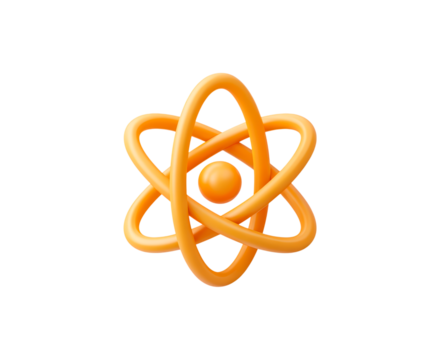 Orange atomic structure symbol with orbiting electrons on transparent background, PNG