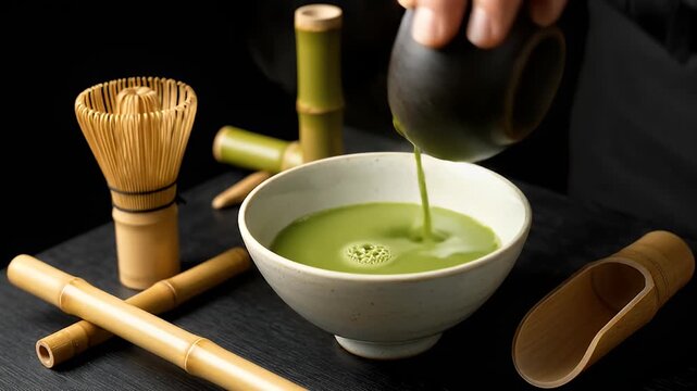 Preparing Traditional Japanese Matcha Tea: Whisking Powder and Pouring into a Bowl