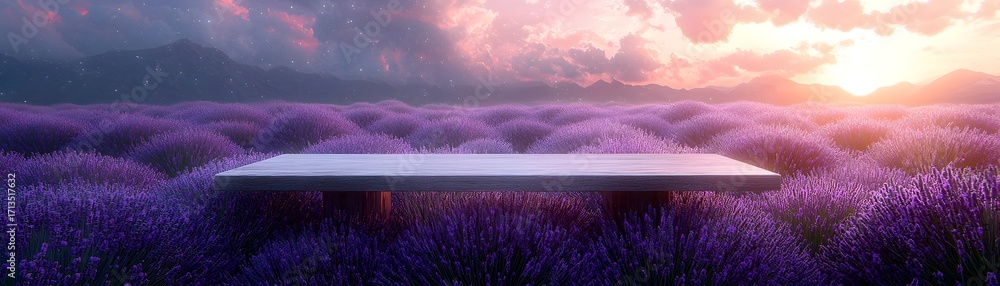 Poster an empty platform in a vast lavender field under a colorful sunset sky with distant mountains