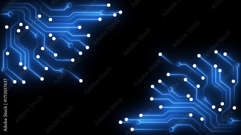 Poster abstract digital circuit board animation with glowing blue lines and white nodes on a black backgrou