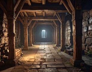 Ancient Stone Corridor with Wooden Beams and Soft Light Glow