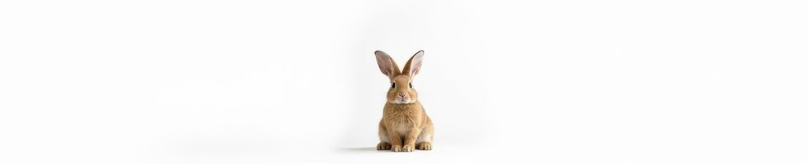 Fototapeta premium Fluffy brown bunny sits alone on pure white background, focus, long ears