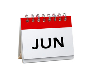 Desk calendar displaying June month on a red and white stand on transparent background, PNG