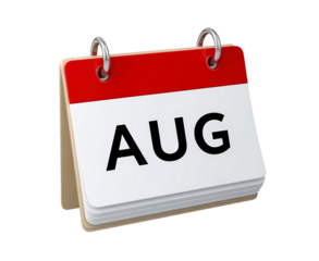 Red and white august calendar page with metal rings displayed on wooden stand