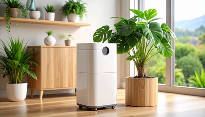 A modern white air purifier in a bright, sunlit living room filled with lush green houseplants and wooden furniture.