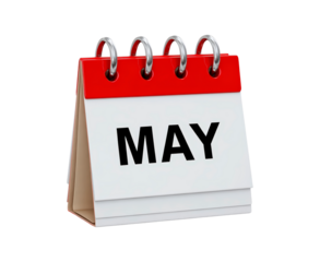 Red and white desktop calendar displaying the month of may