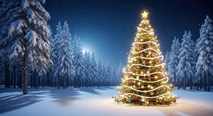 Festive Christmas Tree Glowing in Snowy Winter Forest at Night