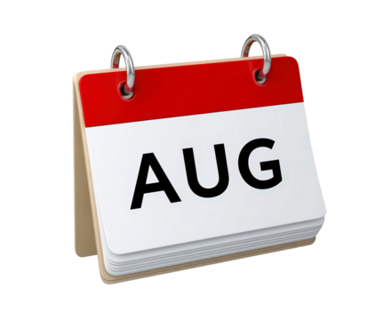 Red and white august calendar page with metal rings displayed on wooden stand