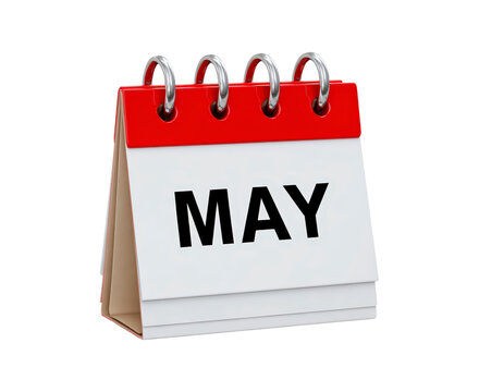 Red and white desktop calendar displaying the month of may