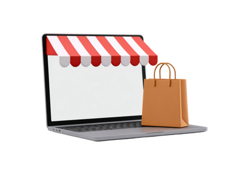 Online shopping concept: laptop with awning and shopping bag on transparent background, PNG