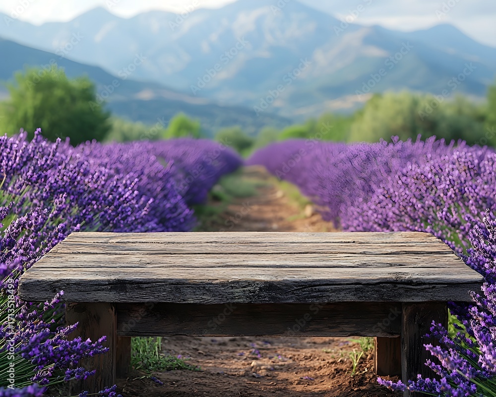 Poster a rustic wooden table rests on a dirt path between rows of vibrant lavender fields with mountains in
