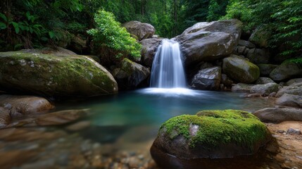 Serene waterfall cascades into a cool turquoise pool surrounded by moss covered rocks creating a peaceful and tranquil forest oasis