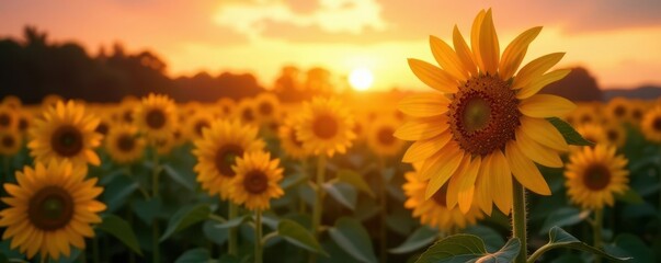 Obraz premium Sun-kissed sunflowers bathed in twilight's embrace , botany, plant