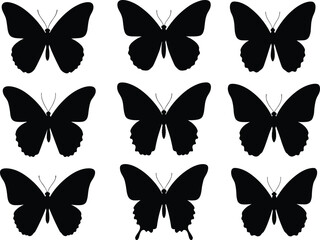Black butterfly silhouettes collection for vector illustration, insect graphic design, nature symbol art, decorative pattern elements, flying insect outline shapes, wildlife