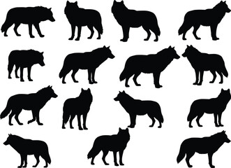 Black wolf silhouettes collection for wildlife illustration, animal graphic design, predator outline art, forest nature symbol, hunting concept, vector wolf pack