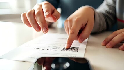 Scanning a QR code with a finger pointing for secure mobile banking transfers - Powered by Adobe