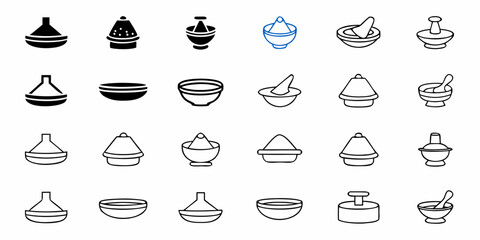 Collection of twenty four bowls and mortar pestles with different designs in black and blue outline