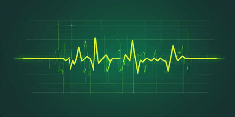 A vibrant green heartbeat wave on a medical monitor illustrates the EKG pulse rate for cardiology health