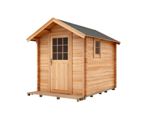 Wooden garden shed with gabled roof and window on transparent background, PNG
