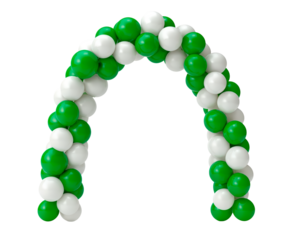 Green and white balloon arch decoration for celebrations and events on transparent background, PNG