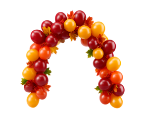 Colorful balloon arch with autumn leaves for festive celebrations on transparent background, PNG