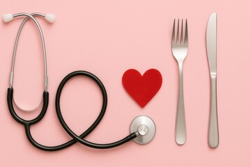 Fototapeta premium Stethoscope, fork, knife, and red heart symbol representing healthcare, nutrition, wellness, and love for healthy lifestyle choices on pink background