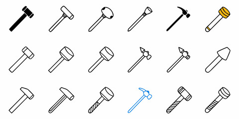 Illustration showing a collection of different hammers and mallets with various head shapes and handle styles