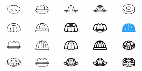 A collection of various dessert molds and puddings including one blue pudding and several outline drawings