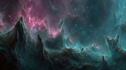 Fototapeta premium Cosmic Nebula Landscape With Pink Teal Hues