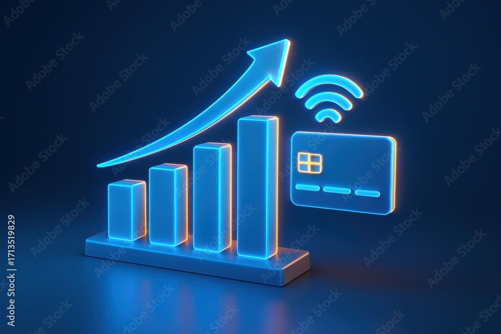Poster futuristic neon graph with growing bars and wireless card connection representing financial growth a