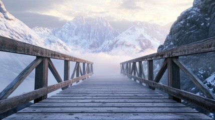 A wooden bridge spanning a misty river with snow-capped mountains in the background.