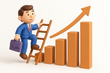 Businessman Climbing Ladder Towards Success with Bar Graph and Upward Arrow in Cartoon Style Animation for Growth and Achievement Concept