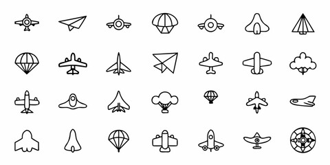 Naklejka premium Collection of various outlined aviation icons depicting different planes and parachutes in a seamless design