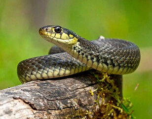 Snake resting on log in forest