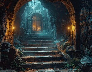 Mysterious Underground Passage with Stone Walls and Soft Lighting