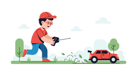 Adobe illustrator artwork vector illustration. A joyful boy runs across a grassy field, actively controlling a red remote-control car with a transmitter. Outdoor playtime, vector art