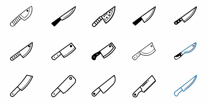 Collection of fifteen different knife illustrations in black and white with one in blue outline