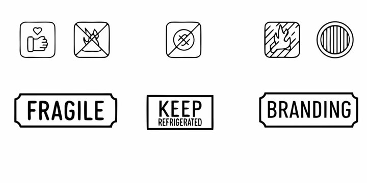 Collection of packaging symbols and labels including fragile keep refrigerated and branding information signs