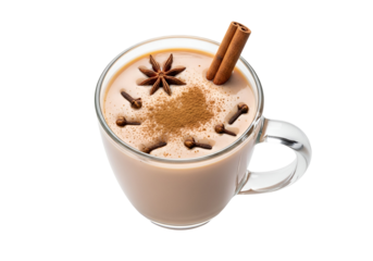 Aromatic spiced beverage in a clear glass mug, featuring cinnamon sticks, star anise, and cloves.