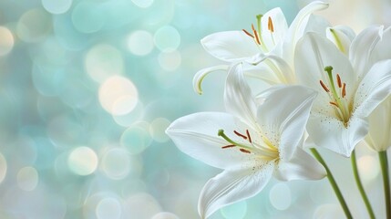 White lilies on a blue and green bokeh background.