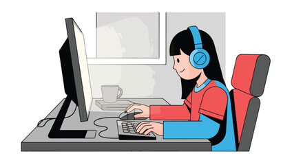 Adobe illustrator artwork vector illustration. A focused young girl with headphones sits at a desk, enthusiastically playing a video game on her computer. Gaming, e-sports, vector art