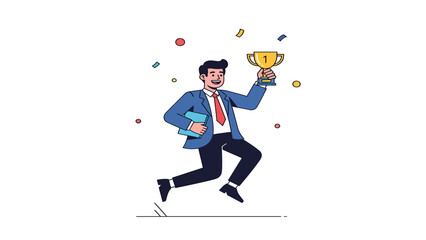 Joyful cartoon businessman holding a gold cup, symbolizing victory and professional accomplishment in a flat vector illustration style