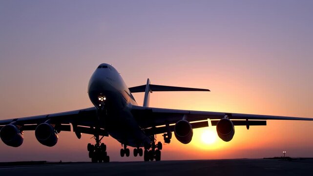 Spectacular C-5 Galaxy Airplane Taking Off Silhouetted Against a Vibrant Sunset Sky